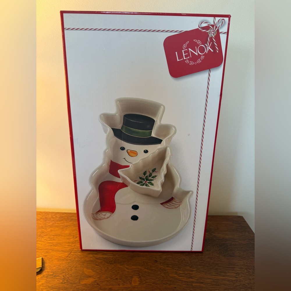 Lenox Holiday Snowman Chip and Dip Server- Festive Red and Green